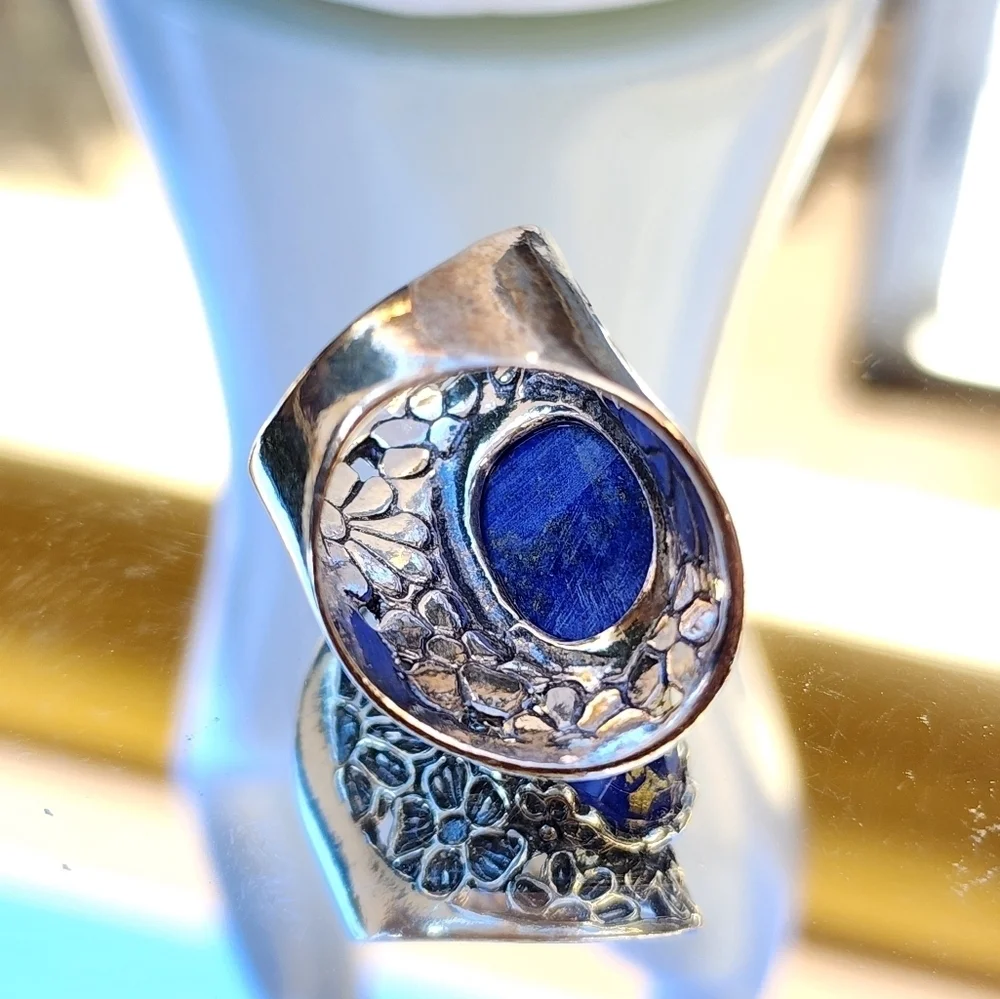 Paz Creations Blue Gold Glass Sterling Silver Ring Size 7